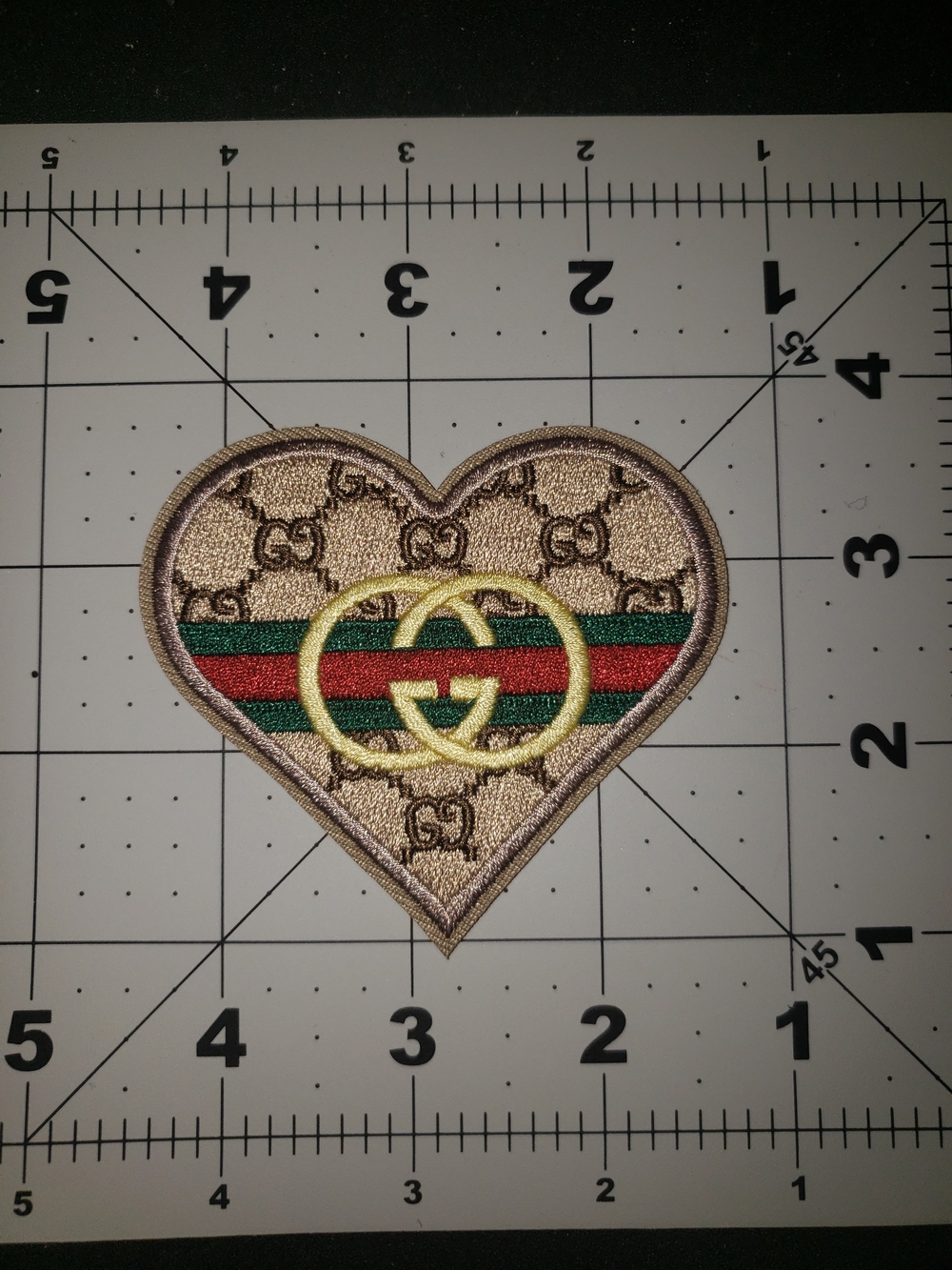 Gucci Beige Heart Patch with Red & Green Stripe and Gold GG